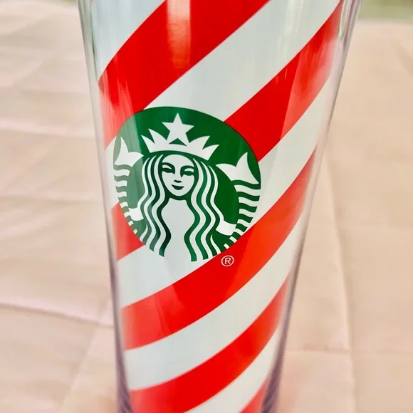 NEW! STARBUCKS SIREN LOGO RED & WHITE SPIRAL STRIPE ACRYLIC INSULATED TRAVEL MUG - Picture 2 of 7